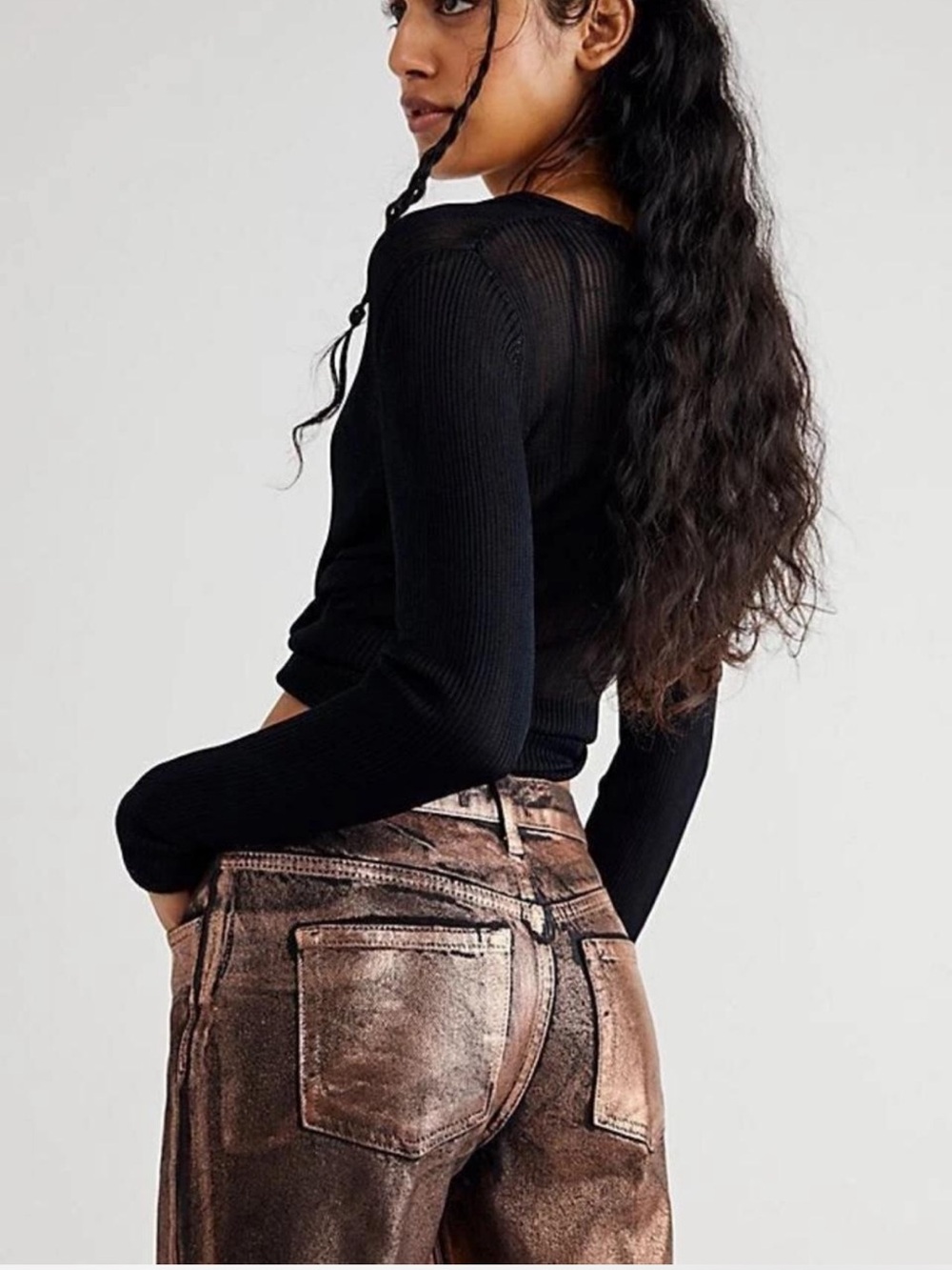Free People Maggie Metallic Coated Jeans Copper Bronze Raw Hem 25 - Picture 2 of 7
